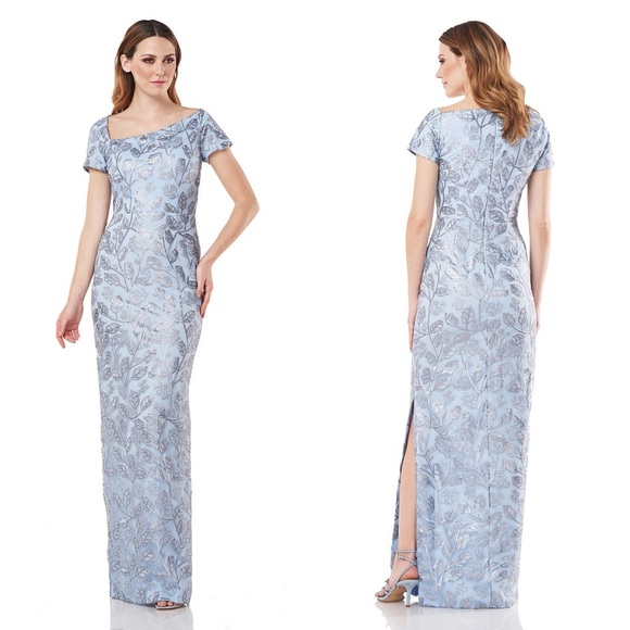 NWOT JS Collections Julia Blue Cap Sleeve Sequin Column Gown Maxi Dress Sz 6 - Picture 1 of 14